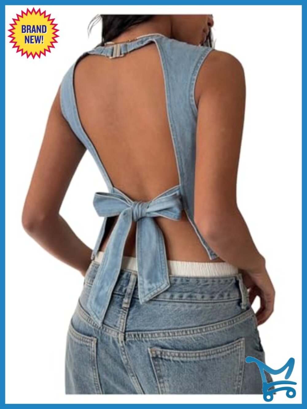 MakeMeChic Women's Tie Bow Backless Jean Denim Tank Top Cropped Sleeveless